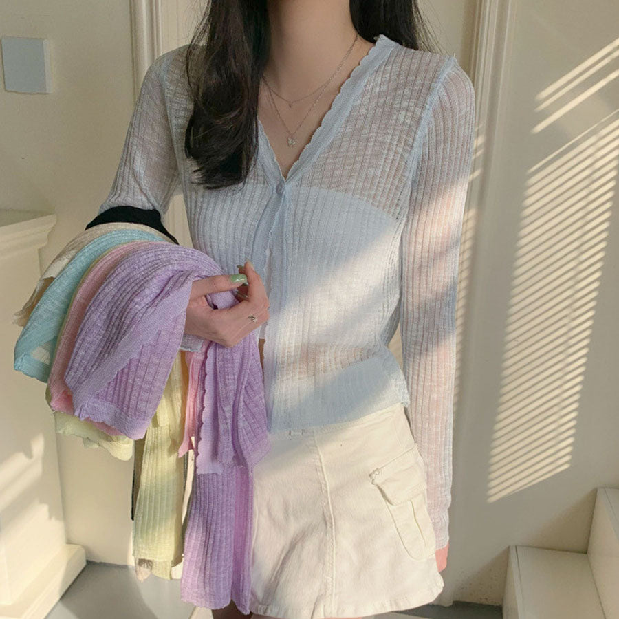 Shoppinggo Summer Cardigan, Openwork V-neck Cardigan, Top, Long Sleeve, Short Length, Front Opening, Sheer, Layering, Cute