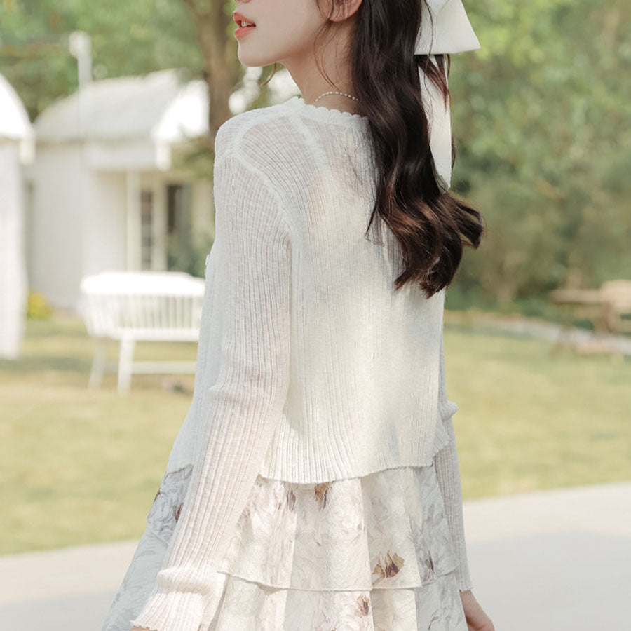 Shoppinggo Summer Cardigan, Openwork V-neck Cardigan, Top, Long Sleeve, Short Length, Front Opening, Sheer, Layering, Cute