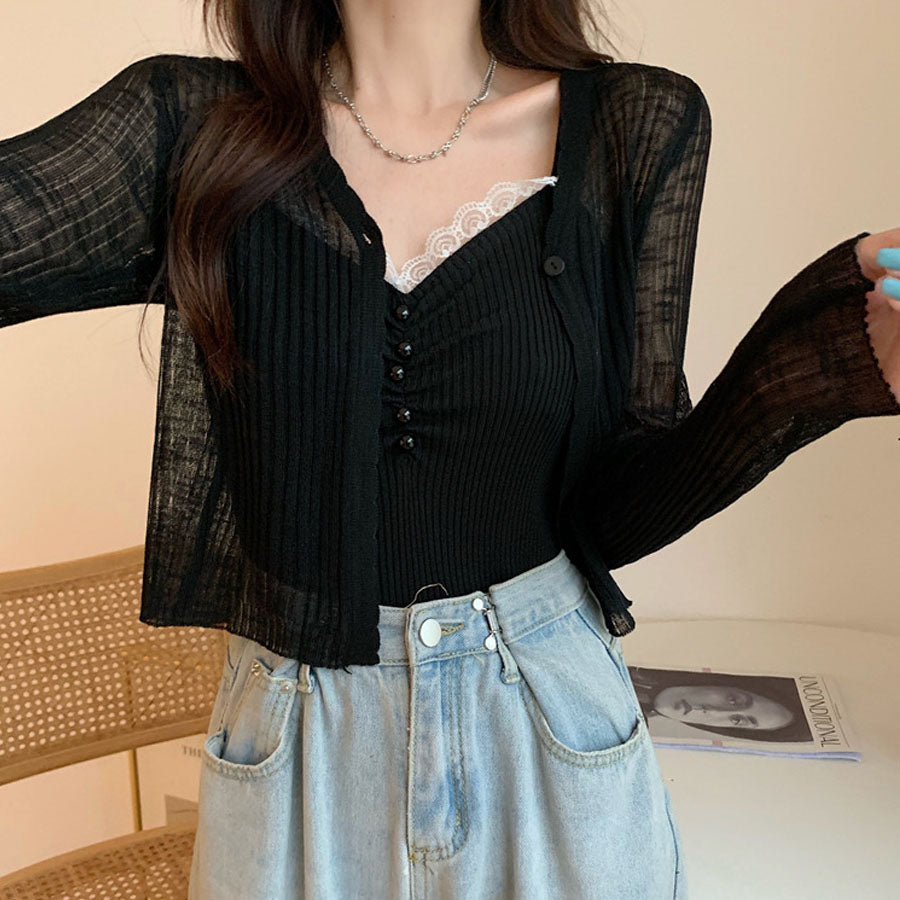 Shoppinggo Summer Cardigan, Openwork V-neck Cardigan, Top, Long Sleeve, Short Length, Front Opening, Sheer, Layering, Cute