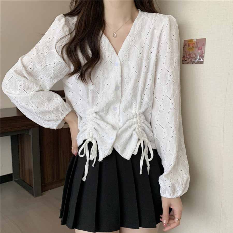 Shoppinggo shoppinggo Shirt Cut and sew Women's Embroidered blouse Long  sleeve V-neck Stylish blouse Korean style Adult cute Drawstring design