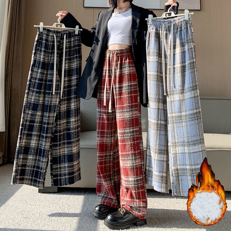ショッピングゴー shoppinggo チェック柄パンツ ワイドパンツ 裏起毛パンツ レディース ストレート ウエストゴム パンツ ズボン ゆったり (ブラウン) ブラウン