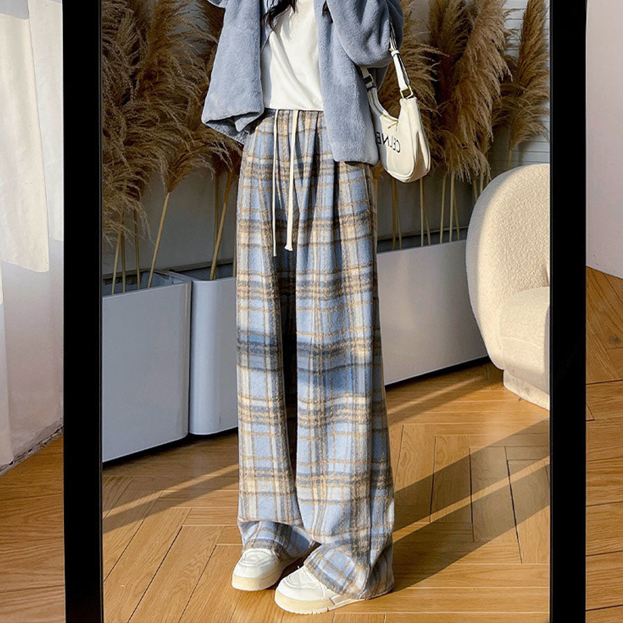 ショッピングゴー shoppinggo チェック柄パンツ ワイドパンツ 裏起毛パンツ レディース ストレート ウエストゴム パンツ ズボン ゆったり (ブラウン) ブラウン