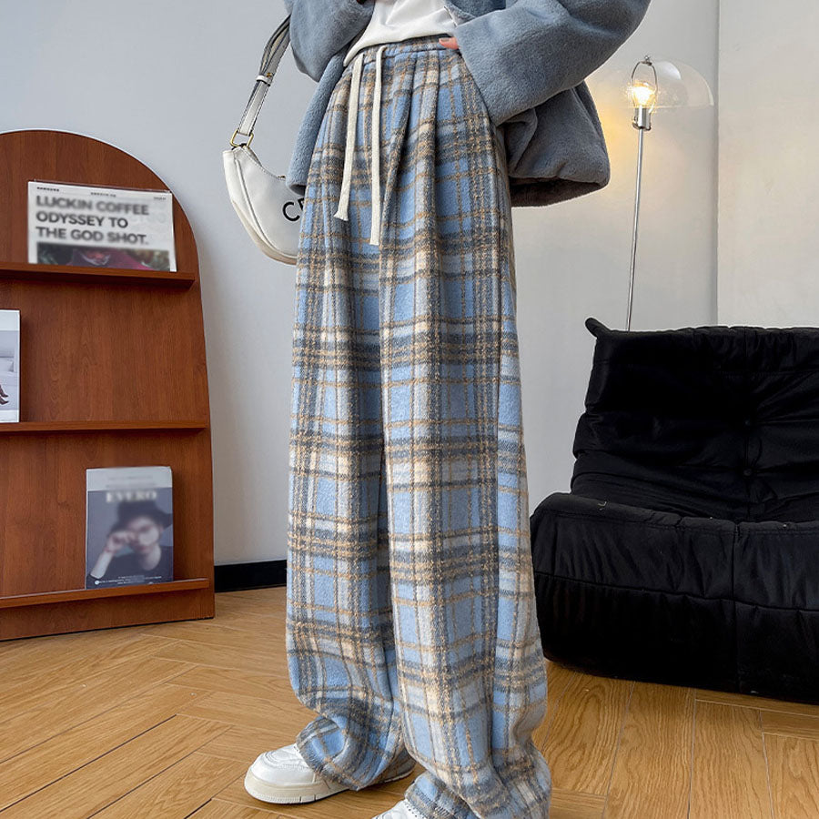 ショッピングゴー shoppinggo チェック柄パンツ ワイドパンツ 裏起毛パンツ レディース ストレート ウエストゴム パンツ ズボン ゆったり (ブラウン) ブラウン