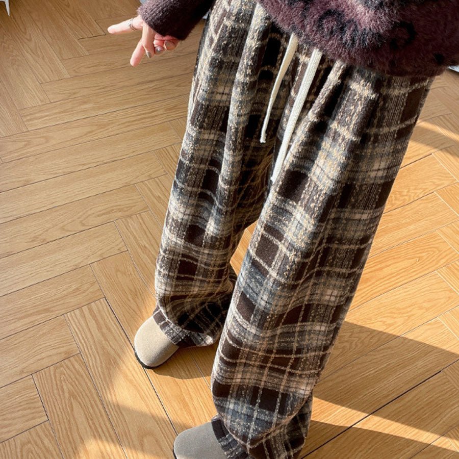 ショッピングゴー shoppinggo チェック柄パンツ ワイドパンツ 裏起毛パンツ レディース ストレート ウエストゴム パンツ ズボン ゆったり (ブラウン) ブラウン