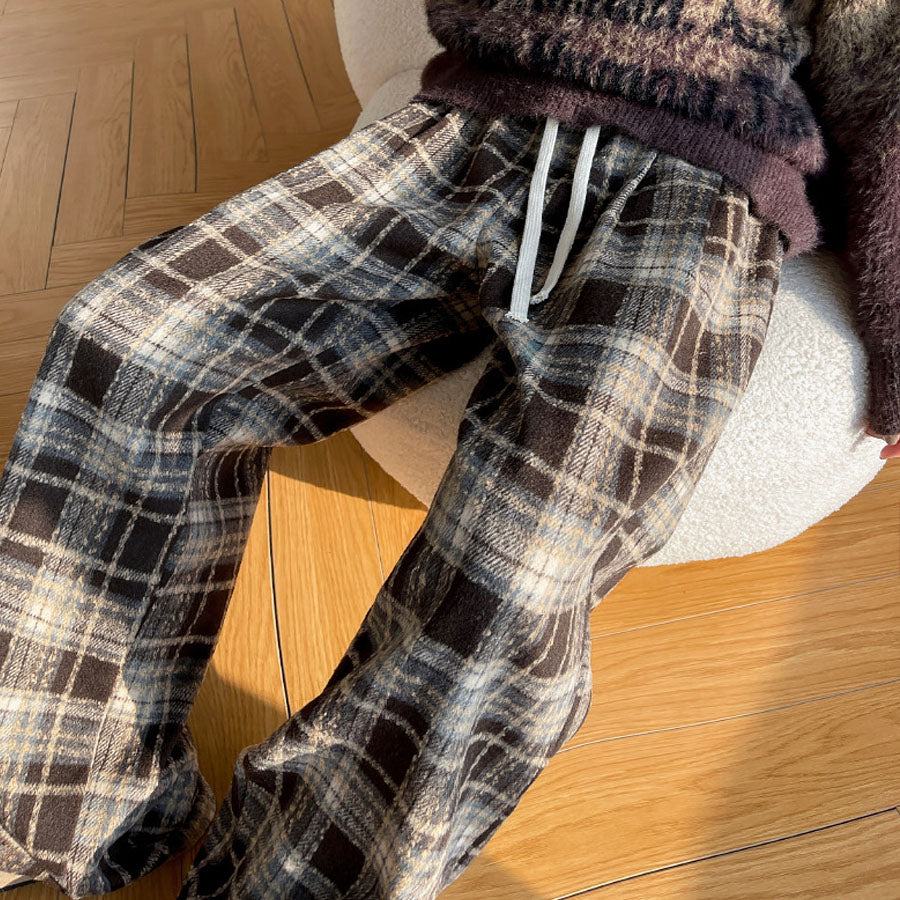 ショッピングゴー shoppinggo チェック柄パンツ ワイドパンツ 裏起毛パンツ レディース ストレート ウエストゴム パンツ ズボン ゆったり (ブラウン) ブラウン