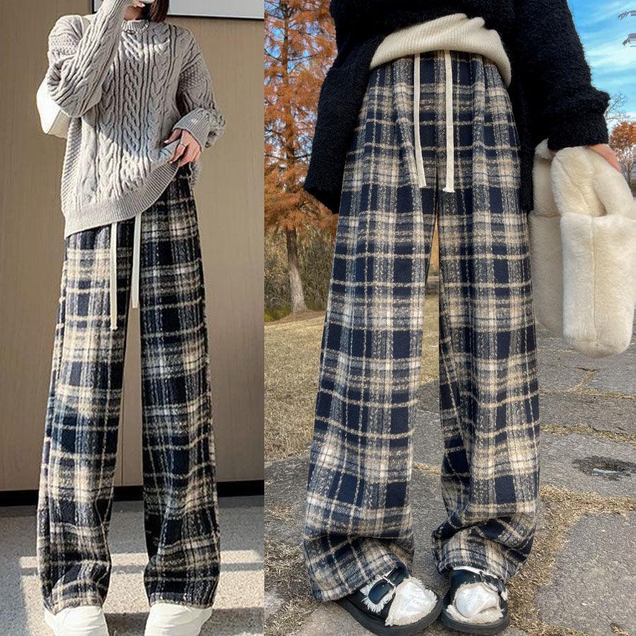 ショッピングゴー shoppinggo チェック柄パンツ ワイドパンツ 裏起毛パンツ レディース ストレート ウエストゴム パンツ ズボン ゆったり (ブラウン) ブラウン