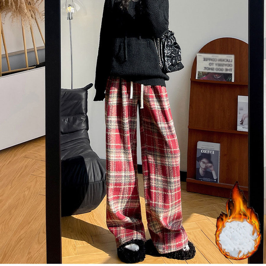 ショッピングゴー shoppinggo チェック柄パンツ ワイドパンツ 裏起毛パンツ レディース ストレート ウエストゴム パンツ ズボン ゆったり