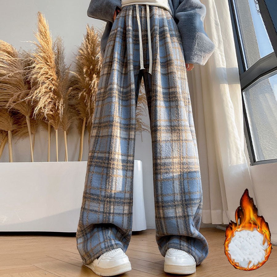 ショッピングゴー shoppinggo チェック柄パンツ ワイドパンツ 裏起毛パンツ レディース ストレート ウエストゴム パンツ ズボン ゆったり (ブルー) ブルー