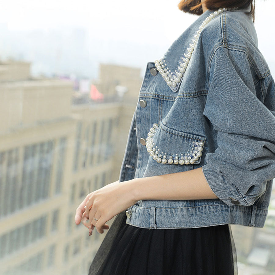 Shoppinggo shoppinggo denim jacket outerwear jean jacket fake pearl jacket collar neck long sleeve short length denim girly solid color