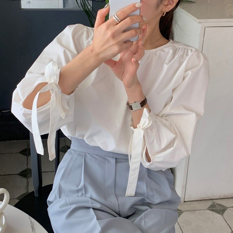 ショッピングゴー shoppinggo シャツ ブラウス リボン 大きめ レディース 長袖 白ブラウス トップス オフィス 着痩せトップス 韓国ファッション