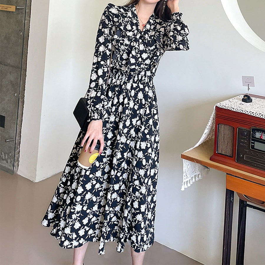 ショッピングゴー shoppinggo ロングフレアワンピース 花柄 長袖 リボンネック レディース オフィス フォーマル ひざ下 大人 きれいめ 無地 おしゃれ 黒