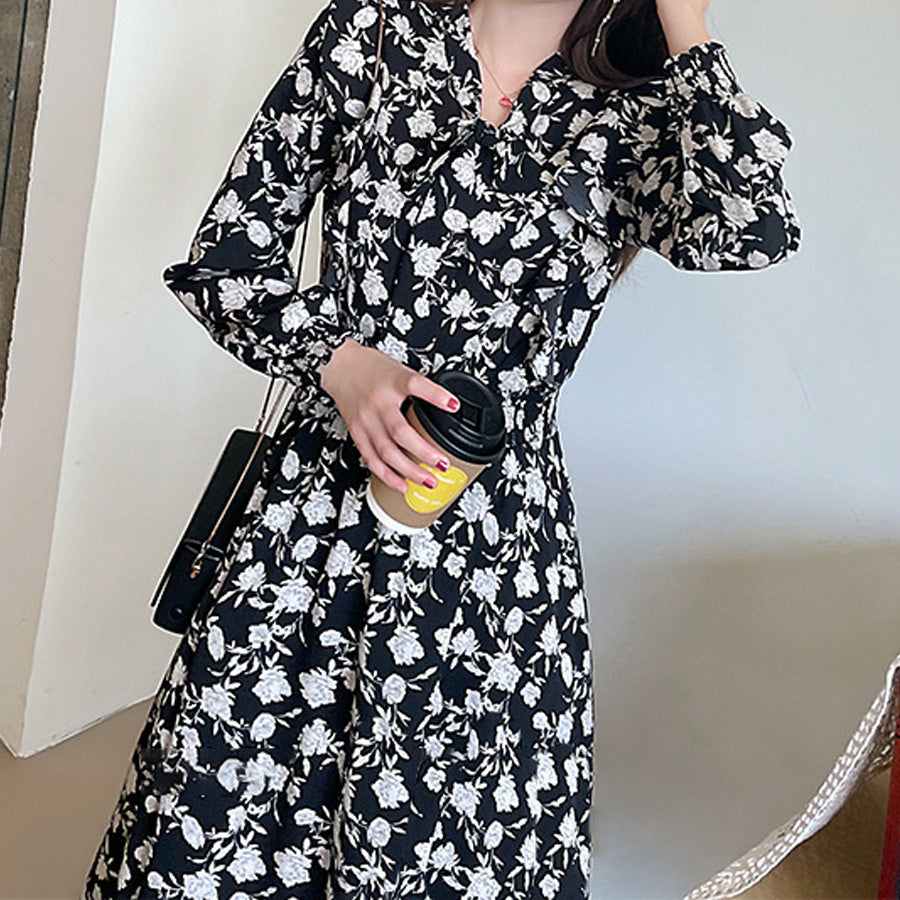 ショッピングゴー shoppinggo ロングフレアワンピース 花柄 長袖 リボンネック レディース オフィス フォーマル ひざ下 大人 きれいめ 無地 おしゃれ 黒