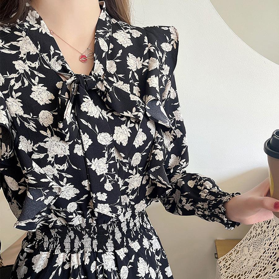 ショッピングゴー shoppinggo ロングフレアワンピース 花柄 長袖 リボンネック レディース オフィス フォーマル ひざ下 大人 きれいめ 無地 おしゃれ 黒