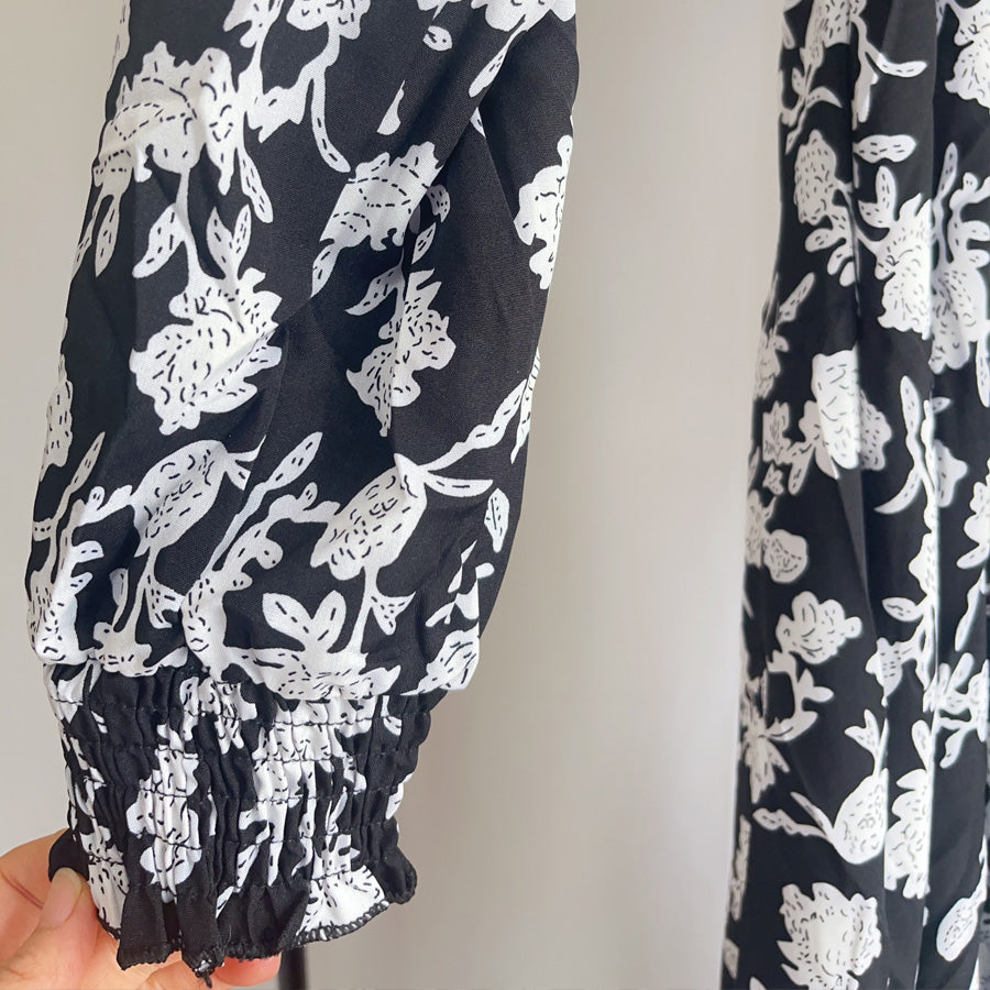 ショッピングゴー shoppinggo ロングフレアワンピース 花柄 長袖 リボンネック レディース オフィス フォーマル ひざ下 大人 きれいめ 無地 おしゃれ 黒