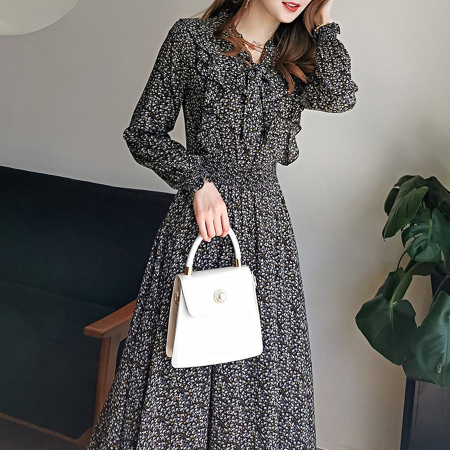 Shoppinggo Shoppinggo One-piece dress Floral print Long sleeve Ribbon neck Long flare dress Women's Below the knee Adult Neat Plain Stylish Office For