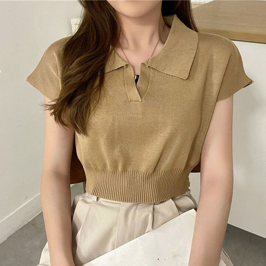 購物Go Shoppinggo編織女士短袖Nitt短長度夏季NIT女士v每日項圈肋骨T襯衫,帶領韓國時尚