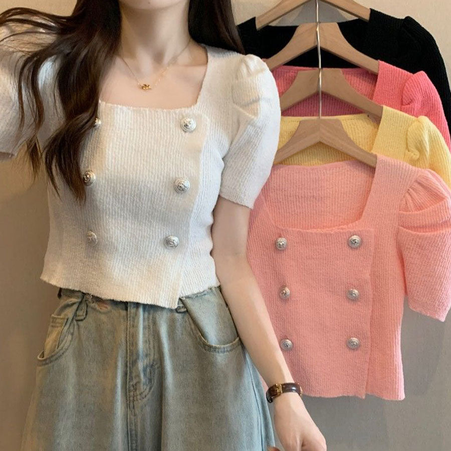 Shopping Go Knit Women's Short Sleeve Collared Knit Summer Knit V-Neck Spring/Summer Tops Cut and Sew Daily Collared Rib T-Shirt Korean Fashion