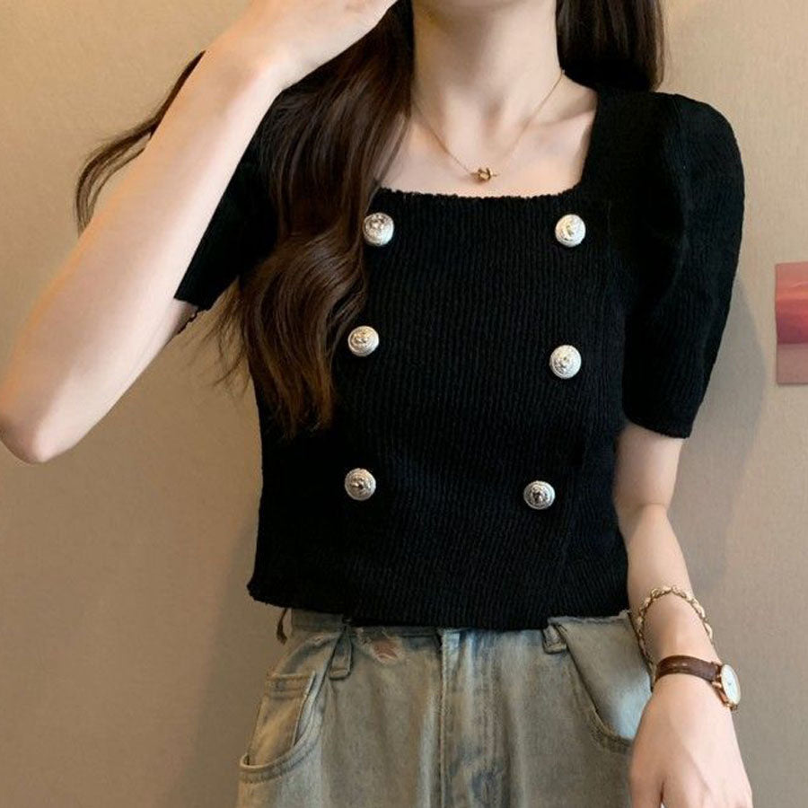 Shopping Go Knit Women's Short Sleeve Collared Knit Summer Knit V-Neck Spring/Summer Tops Cut and Sew Daily Collared Rib T-Shirt Korean Fashion