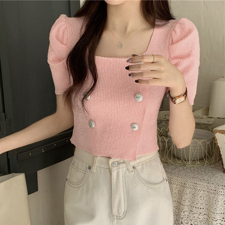 Shopping Go Knit Women's Short Sleeve Collared Knit Summer Knit V-Neck Spring/Summer Tops Cut and Sew Daily Collared Rib T-Shirt Korean Fashion