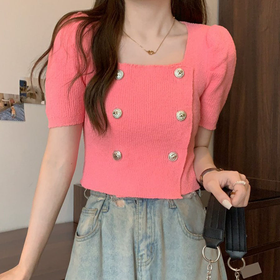 Shopping Go Knit Women's Short Sleeve Collared Knit Summer Knit V-Neck Spring/Summer Tops Cut and Sew Daily Collared Rib T-Shirt Korean Fashion