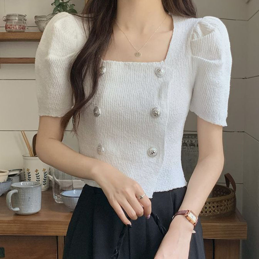 Shopping Go Knit Women's Short Sleeve Collared Knit Summer Knit V-Neck Spring/Summer Tops Cut and Sew Daily Collared Rib T-Shirt Korean Fashion