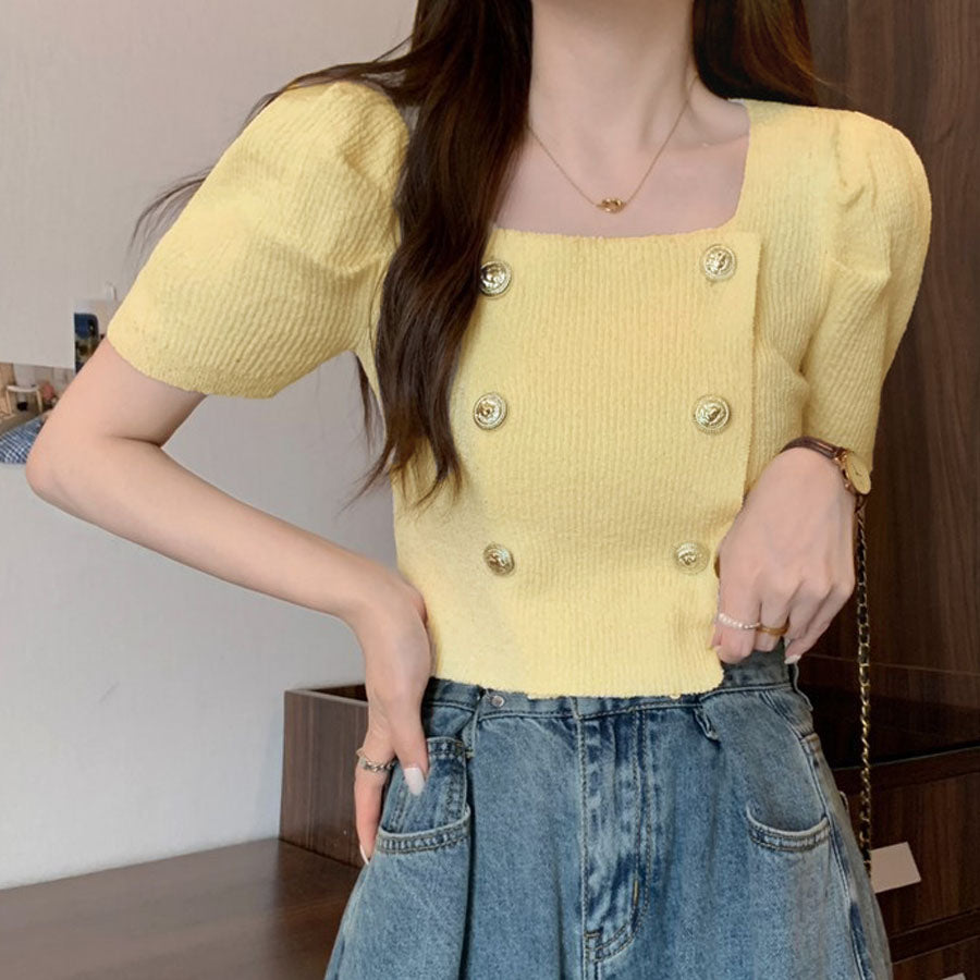 Shopping Go Knit Women's Short Sleeve Collared Knit Summer Knit V-Neck Spring/Summer Tops Cut and Sew Daily Collared Rib T-Shirt Korean Fashion
