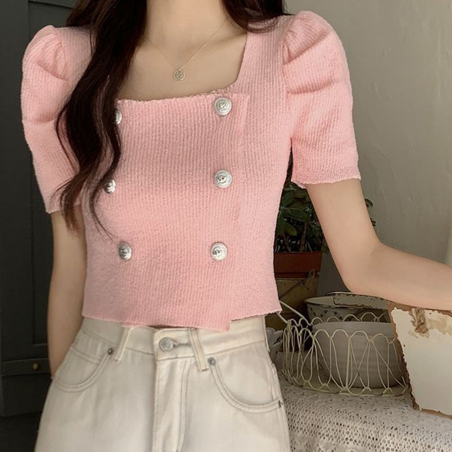 Shopping Go Knit Women's Short Sleeve Collared Knit Summer Knit V-Neck Spring/Summer Tops Cut and Sew Daily Collared Rib T-Shirt Korean Fashion