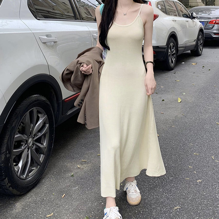 ショッピングゴー shoppinggo ニットワンピース ノースリーブ ニット キャミワンピース レディース キャミソール 無地 シンプル セクシー きれいめ 上品 マキシ丈,ベージュ