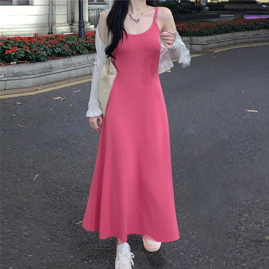 ショッピングゴー shoppinggo ニットワンピース ノースリーブ ニット キャミワンピース レディース キャミソール 無地 シンプル セクシー きれいめ 上品 マキシ丈,ピンク