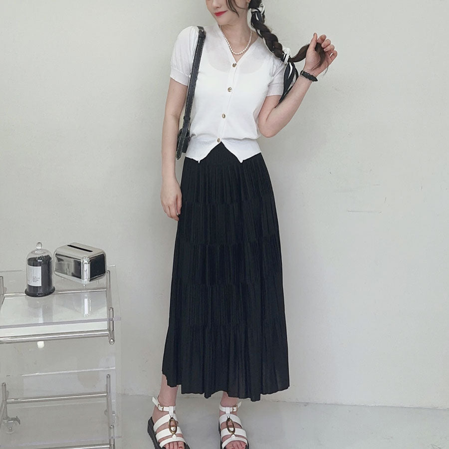 ショッピングゴー shoppinggo サマーニット プリーツスカート 2点セットアップ 上下セット 夏 レディースファッション ツーピースセット ゆったり オフィスカジュアル 大人コーデ,ホワイト+ブラック