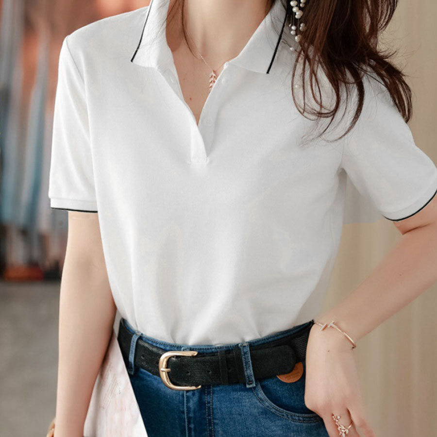 Shopping go Shoppinggo 配色立領短袖T卹polo衫短版女短袖上衣春夏上衣立領羅紋短袖羅紋T卹領子剪裁縫製