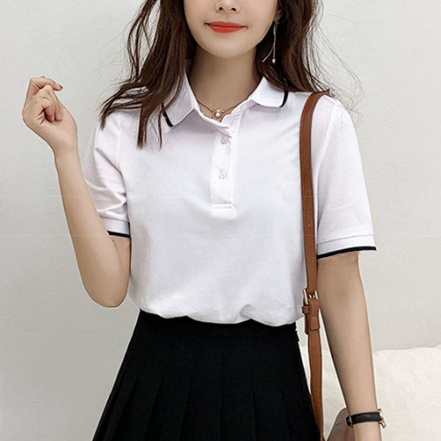 Shopping go Shoppinggo 配色立領短袖T卹polo衫短版女短袖上衣春夏上衣立領羅紋短袖羅紋T卹領子剪裁縫製