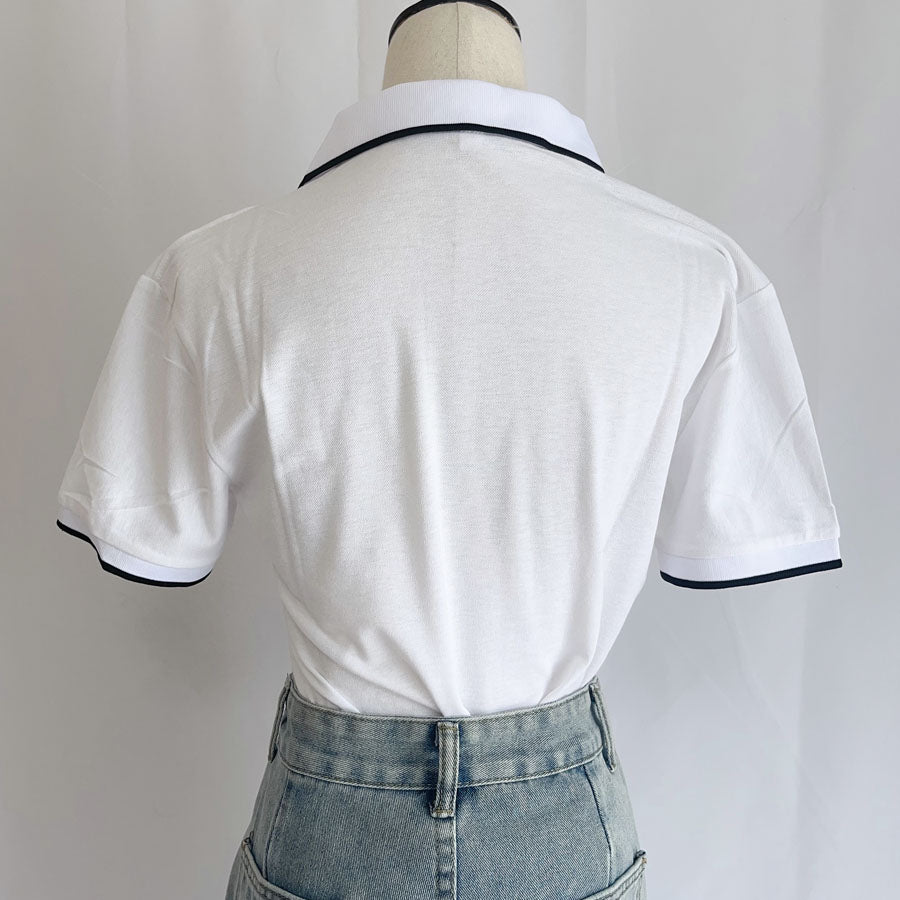 Shopping go Shoppinggo 配色立領短袖T卹polo衫短版女短袖上衣春夏上衣立領羅紋短袖羅紋T卹領子剪裁縫製