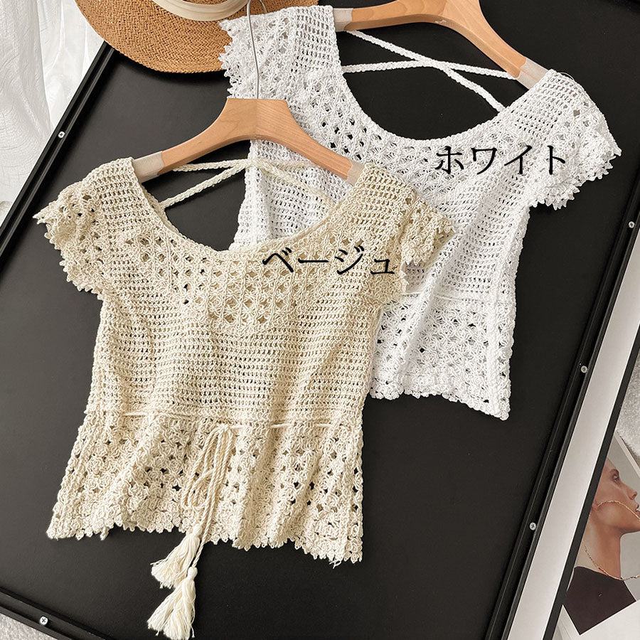 ショッピングゴー shoppinggo 透かし編みメッシュニット フレンチ袖 ノースリーブトップス サマーニット フラワー 花柄 シースルー 着回し お出かけ 普段使い 婦人服