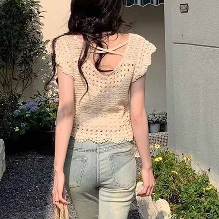 ショッピングゴー shoppinggo 透かし編みメッシュニット フレンチ袖 ノースリーブトップス サマーニット フラワー 花柄 シースルー 着回し お出かけ 普段使い 婦人服