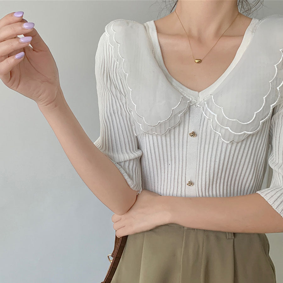 ショッピングゴー shoppinggo 夏服 サマーニット 半袖 レディース 夏ニット 薄い vネック カットソー デイリー レトロ 透け感ニット アウター 無地 上品 ブラック 黒 ホワイト 秋 夏