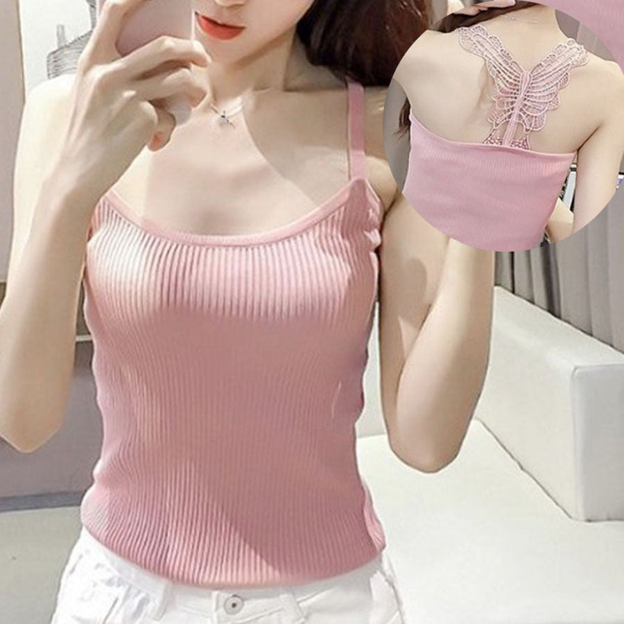 Shoppinggo Shoppinggo 吊帶背心羅紋背蝴蝶設計蕾絲羅紋針織內衣女士吊帶內衣夏季針織素色性感