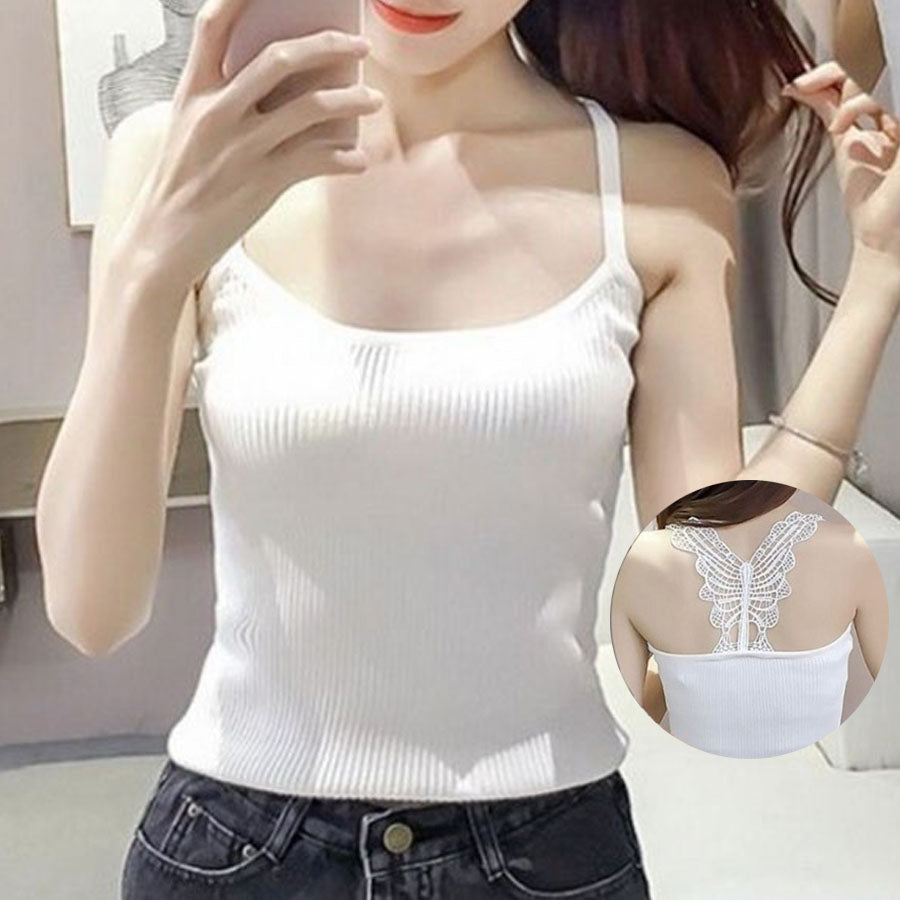 Shoppinggo Shoppinggo 吊帶背心羅紋背蝴蝶設計蕾絲羅紋針織內衣女士吊帶內衣夏季針織素色性感