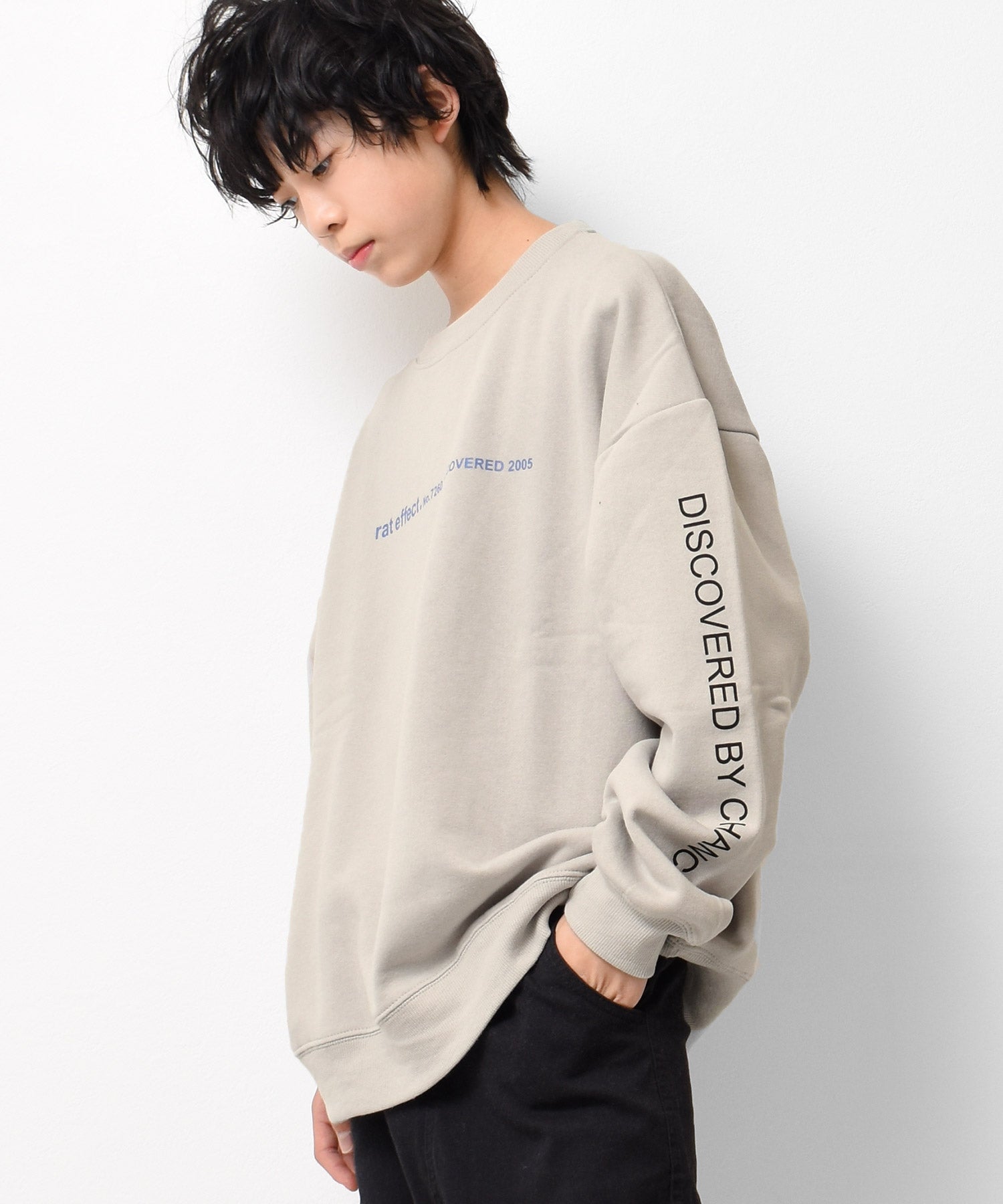 ラット エフェクト RAT EFFECT 裏起毛袖ロゴプリントトレーナー,ライトグレー