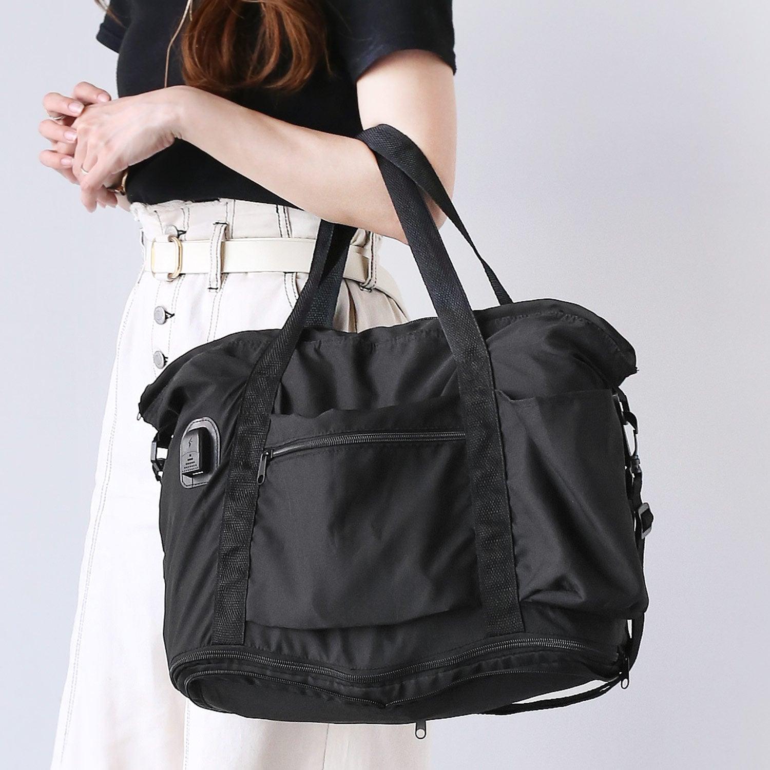 ミアボルサ Mia Borsa 折りたたみ 軽量ボストンバッグ USBポート付き キャリーオン (ブラック) ブラック