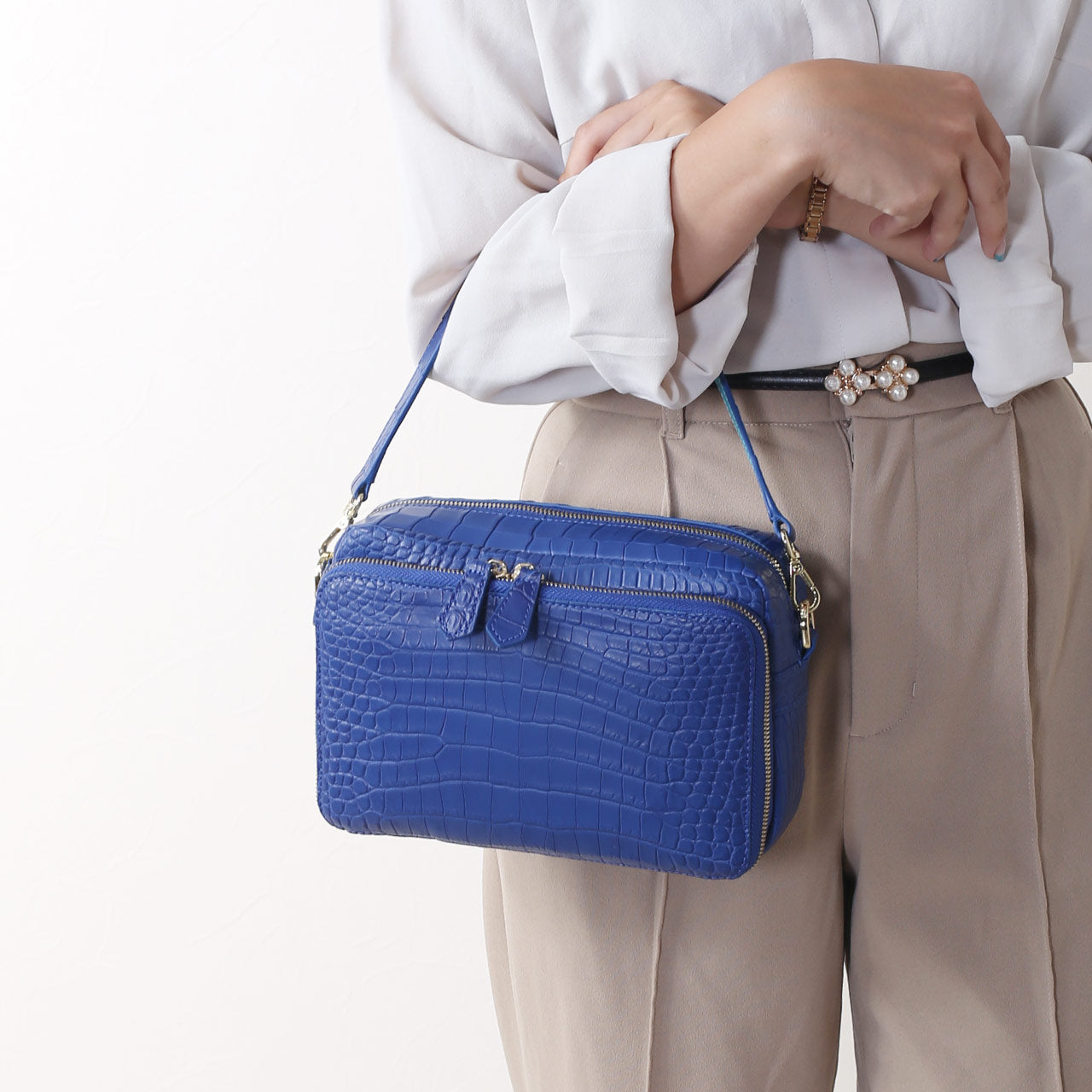 サンキョウショウカイ 三京商会 クロコダイルレザーショルダーバッグ (アイリスブルー) アイリスブルー