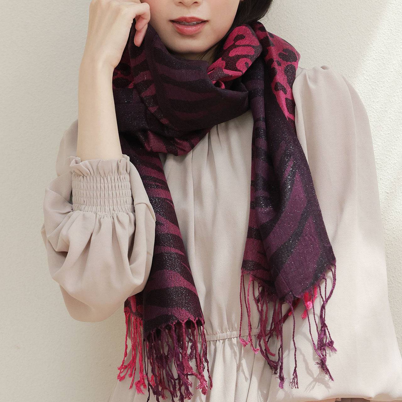 サンキョウショウカイ 三京商会 ゼブラ柄&レオパード柄 大判 ストール 薄手 レディース 結婚式 パーティー (003ワイン系) 003ワイン系