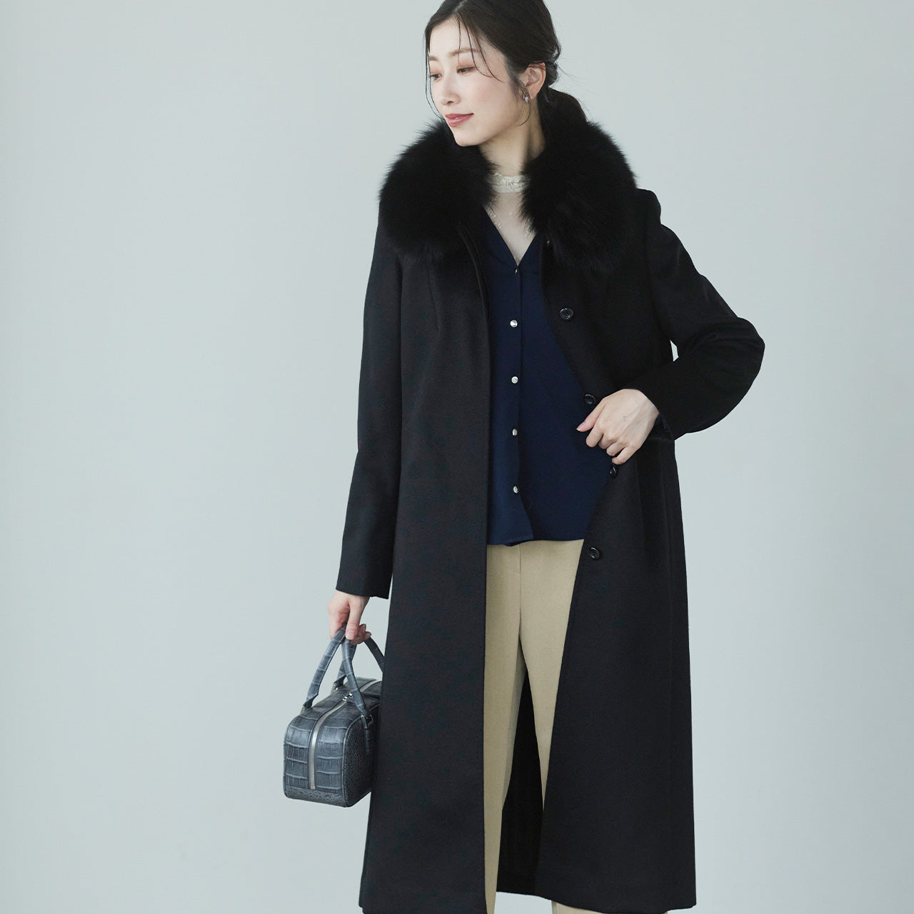 サンキョウショウカイ 三京商会 カシミヤ100%ロングコートフォックスファー付き (ブラック) ブラック