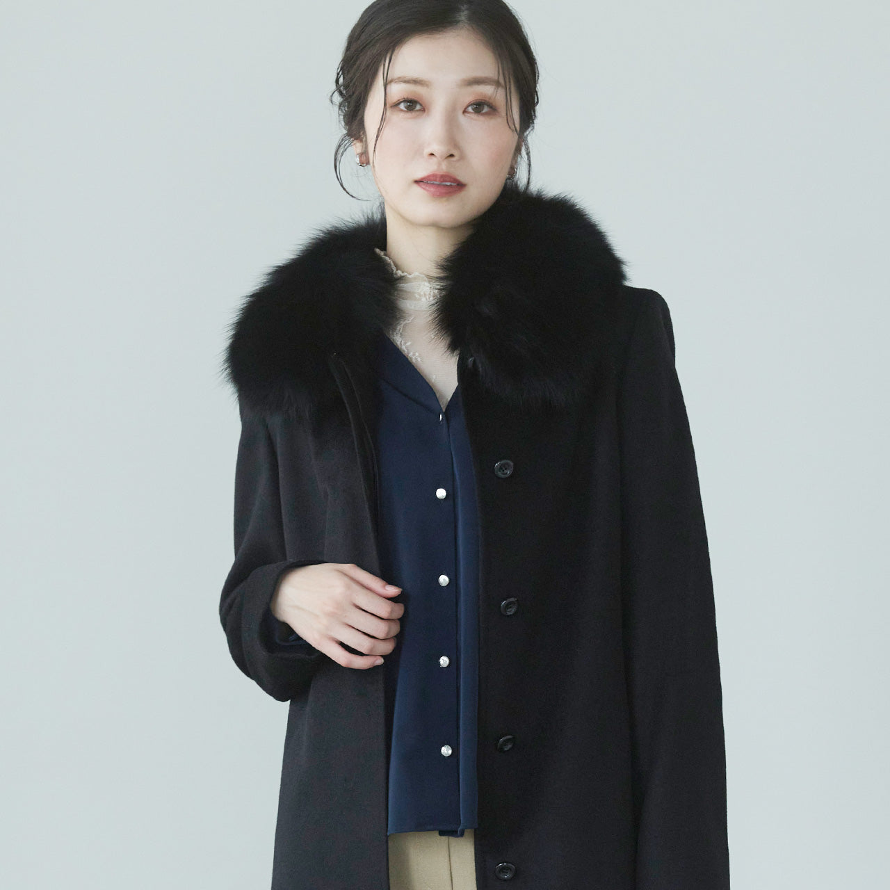 サンキョウショウカイ 三京商会 カシミヤ100%ロングコートフォックスファー付き (ブラック) ブラック