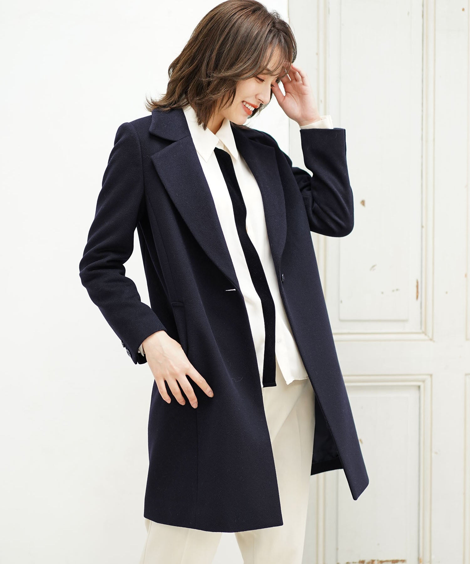 サンキョウショウカイ 三京商会 ウール90% アンゴラ混チェスターコート,ネイビー