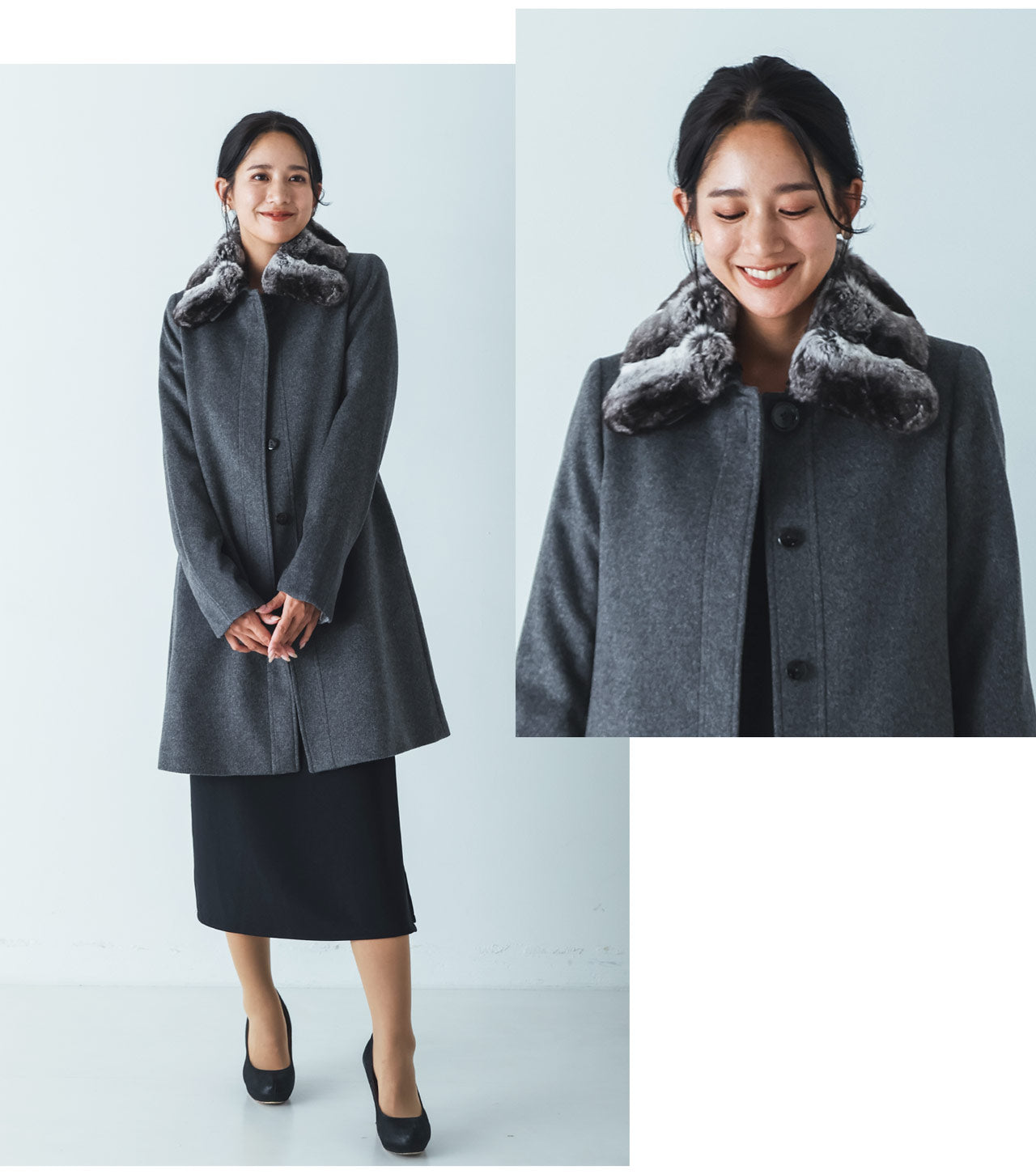 サンキョウショウカイ 三京商会 カシミヤ100% チンチラトリム ステンカラー コート (ブラック) ブラック