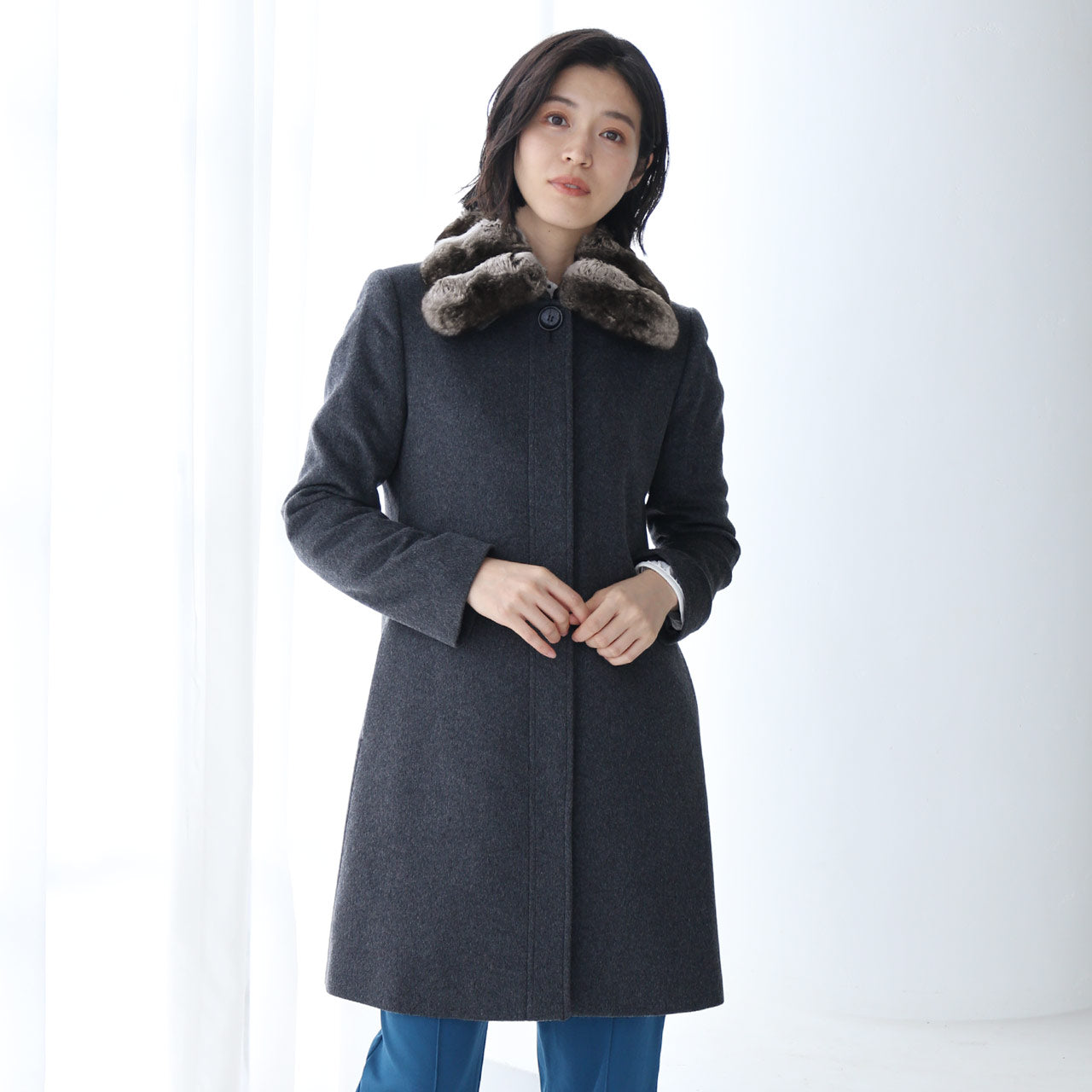 サンキョウショウカイ 三京商会 カシミヤ100% チンチラトリム ステンカラー コート (ミッドナイトグレー) ミッドナイトグレー