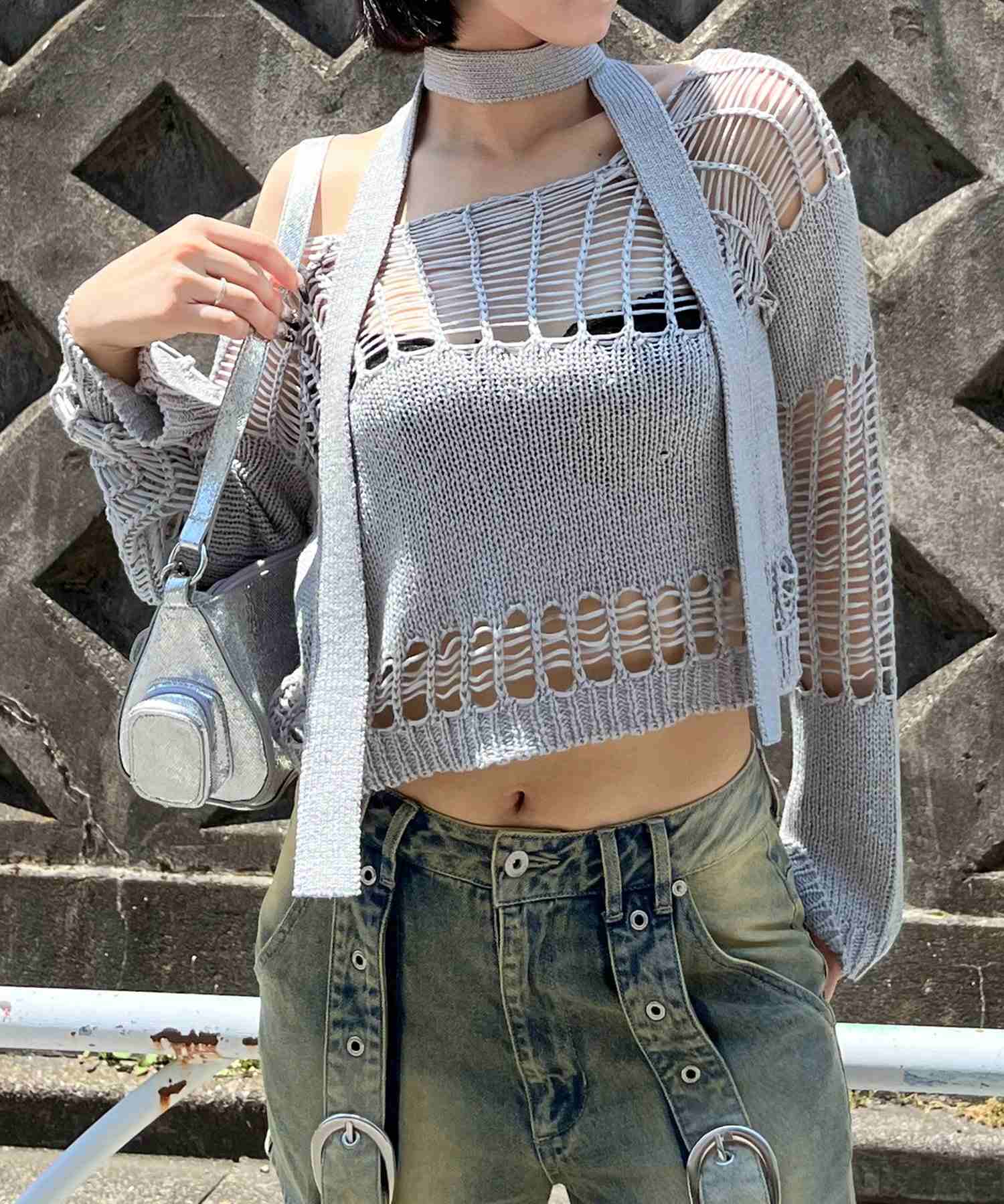 スパイラルガール SPIRALGIRL ストール付きかぎ編みショートトップス (グレー) グレー