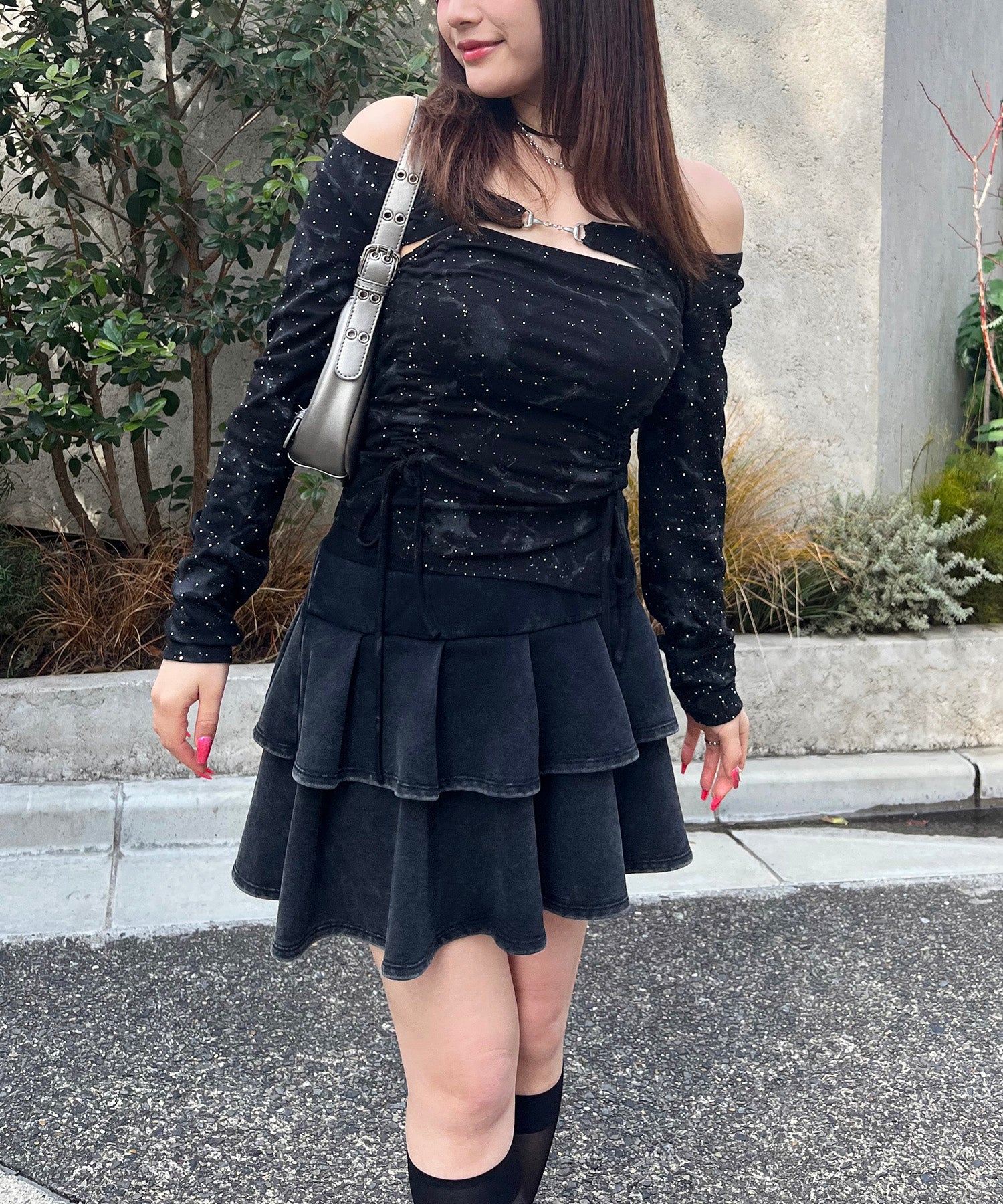 スパイラルガール SPIRALGIRL ビット付きダブルギャザートップス (ブラック) ブラック