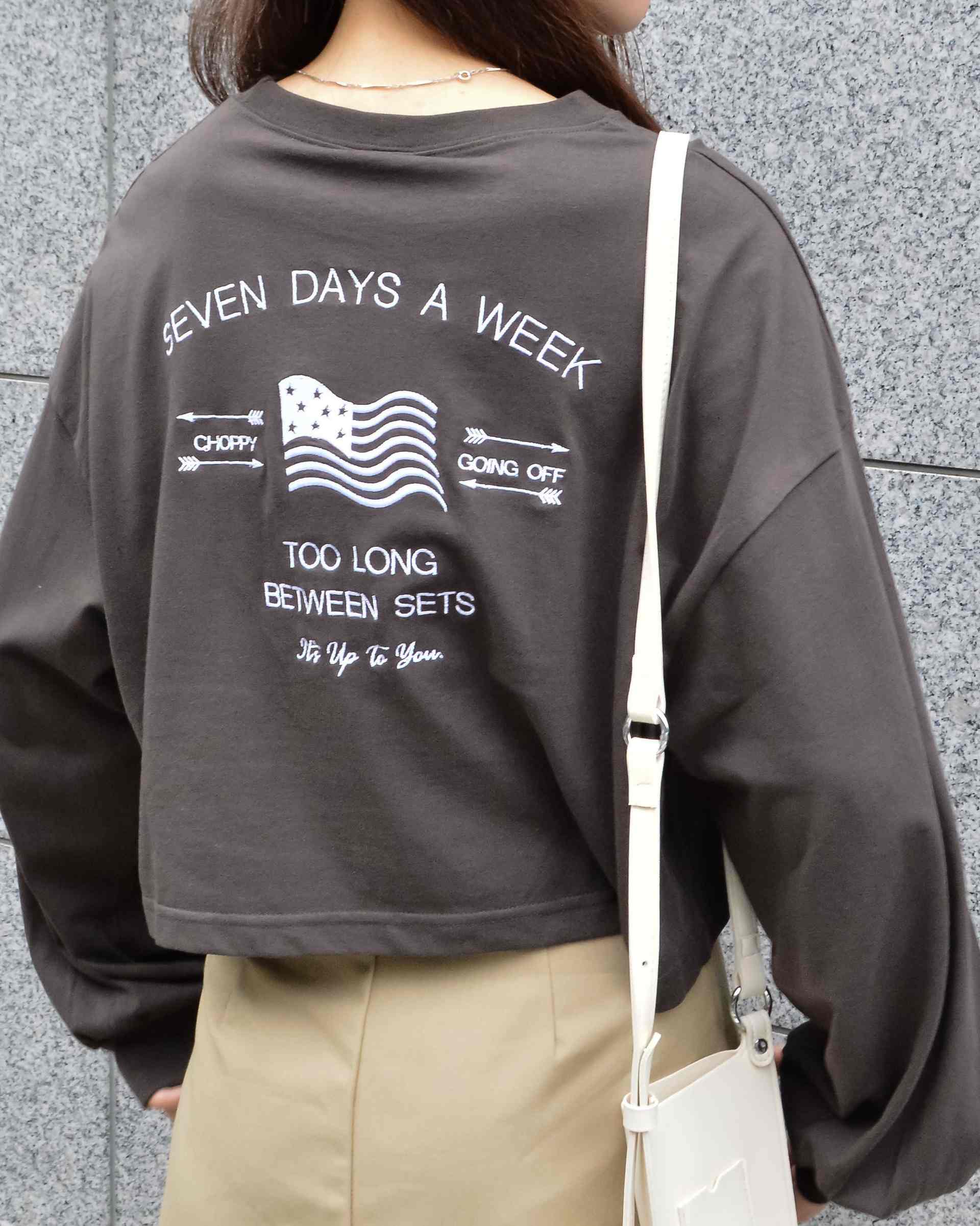 スピリトーゾ Spiritoso アメリカンフラッグクロップドt丈ロンT,チャコール